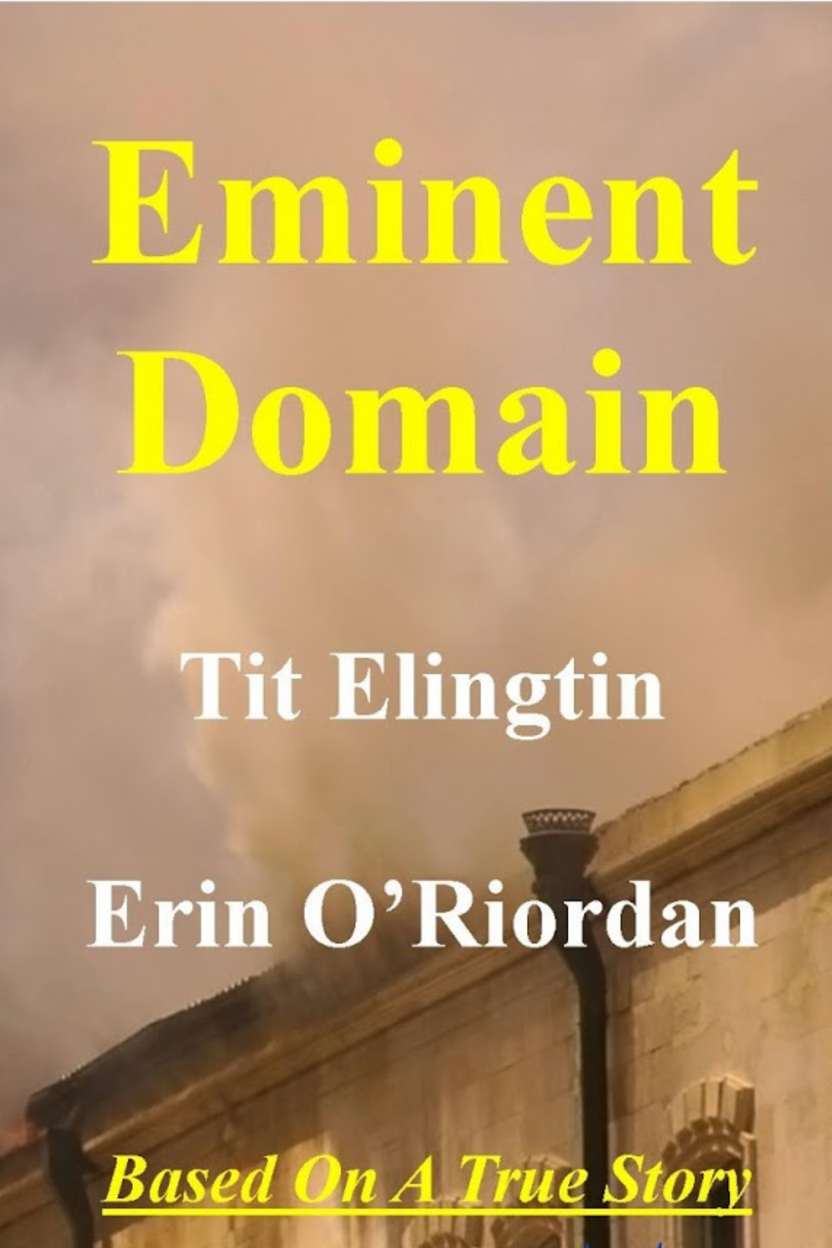 The book cover of Eminent Domain by Tit Elingtin and Erin O'Riordan shows smoke rising from a burning building.